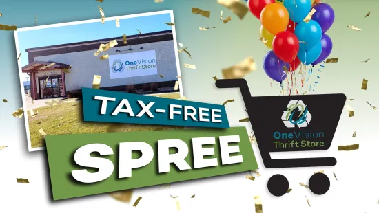 Celebration of One Vision Thrift Store's tax-free spree with shopping cart and colorful balloons.