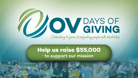OV Days of Giving campaign banner asking to raise $55,000 supporting people with disabilities, featuring diverse community photos.