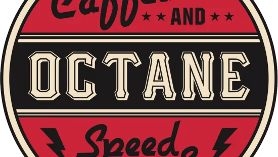 Round vintage logo with red and black sections reading Caffeine and Octane Speed & Style in bold fonts.