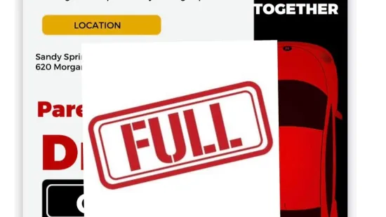 Driving class flyer showing free course details, date April 23, 2026, 6 PM, marked full with red stamp.