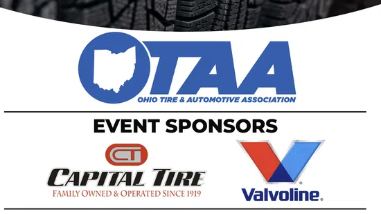 Logos of Ohio Tire & Automotive Association and event sponsors Capital Tire and Valvoline with tire background.