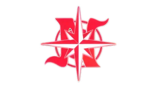 Red compass rose with stylized letter N on black background symbolizing navigation and direction.