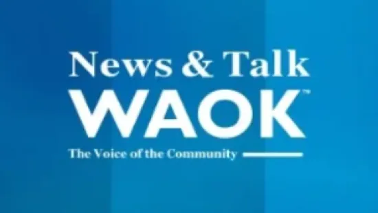 News & Talk WAOK logo with tagline The Voice of the Community on blue gradient background