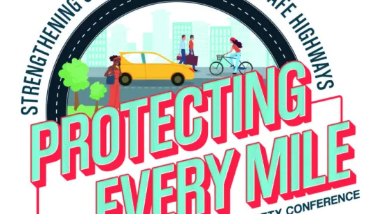 Illustration promoting safe highways with people walking, biking, and driving in a community setting for Georgia safety conference.