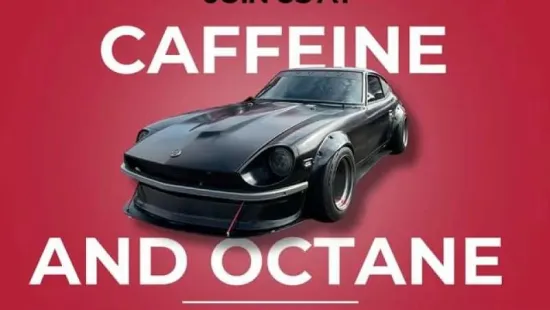 Black classic sports car on red background promoting Caffeine and Octane event with date and free admission info