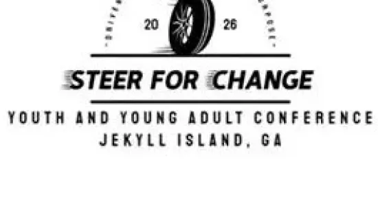 Logo for 2026 Steer for Change youth conference featuring a spinning tire and event details at Jekyll Island, GA.