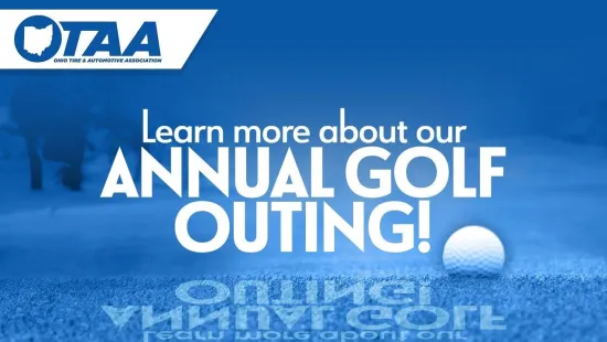 Blue golf course background with a golf ball and text promoting annual golf outing event by Ohio Tire & Automotive Association