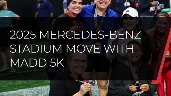 Group of smiling runners wearing medals at 2025 Mercedes-Benz Stadium Move with MADD 5K event.