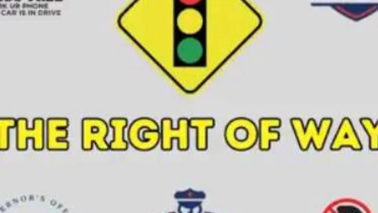 Traffic safety signs emphasizing right of way, hands-free driving, and sober driving messages with symbols and text.