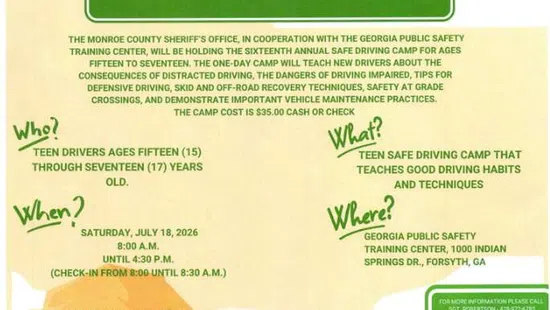 Flyer for Monroe County Sheriff's Office Teen Driving Camp 2026 with event details and road illustration.
