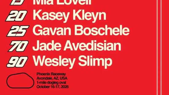 Red poster listing driver lineup for October 16-17, 2025 race at Phoenix Raceway, Avondale, AZ.