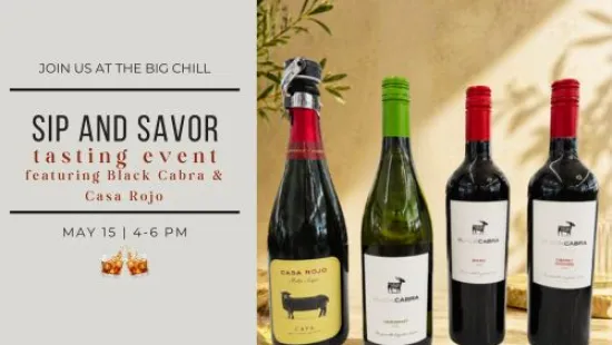 Wine tasting event promotion featuring Black Cabra and Casa Rojo bottles with event details on the left.