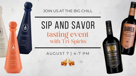 Tequila bottles and martini bottles promoting a Sip and Savor tasting event with Tri-Spirits on August 7 from 4-7 PM.