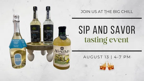 Bottles of Agalima Organic Margarita Mix, El Texano tequila, and Jo Seco sparkling wine for a Sip and Savor tasting event on August 13.