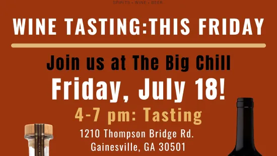 Wine tasting event at The Big Chill in Gainesville, GA, featuring bourbon whiskey, wine glasses, and Obsidian wine bottle.