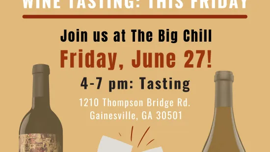 Orin Swift wine tasting event at The Big Chill on June 27 with wine bottles, glasses, and event details.
