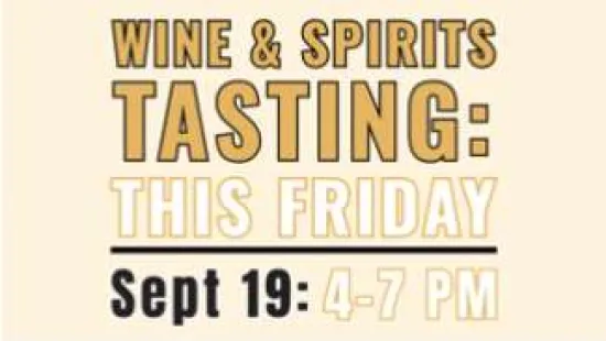 Wine and spirits tasting event happening this Friday, Sept 19, from 4 to 7 PM