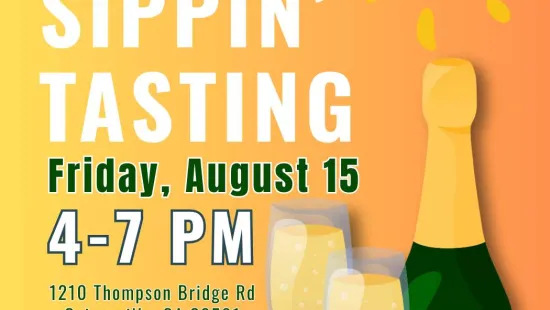 Summer Sippin' Tasting event on August 15 from 4-7 PM at The Big Chill in Gainesville with champagne and drinks.