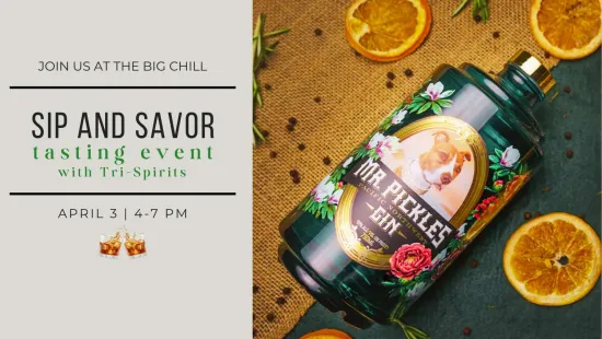 Sip and savor tasting event announcement with Mr. Pickles Gin bottle, dried oranges, and herbs on rustic background.