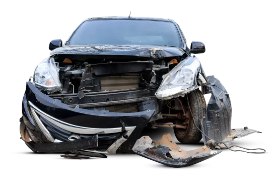 Front view of a black car with severe front-end damage and missing bumper after a collision.