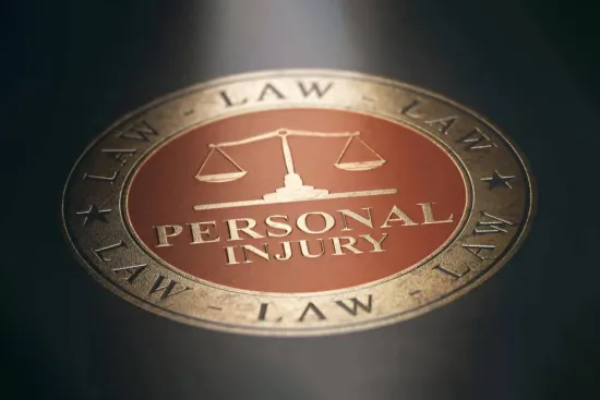 Round emblem with scales of justice symbol and text personal injury surrounded by the word law on dark background