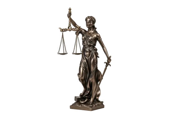 Bronze statue of Lady Justice holding scales and sword with detailed flowing robes on a pedestal