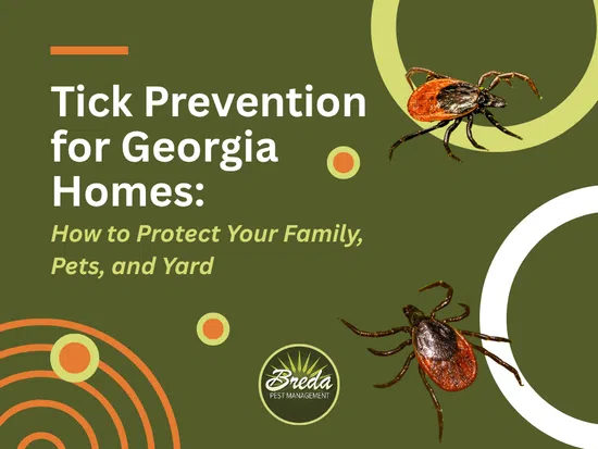 Graphic with ticks and text about tick prevention for Georgia homes, protecting family, pets, and yard.