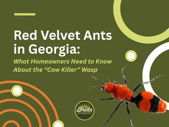Red velvet ant close-up with text about Georgia homeowners and the 'Cow Killer' wasp on olive background.