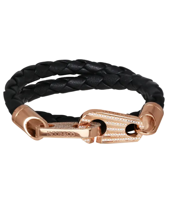 Perfect Fit Bracelet Double Strap Rose Gold with White Diamonds on Braided Black Rope