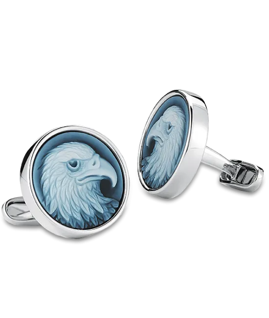 White Gold Carved Blue Agate Eagle Cufflinks