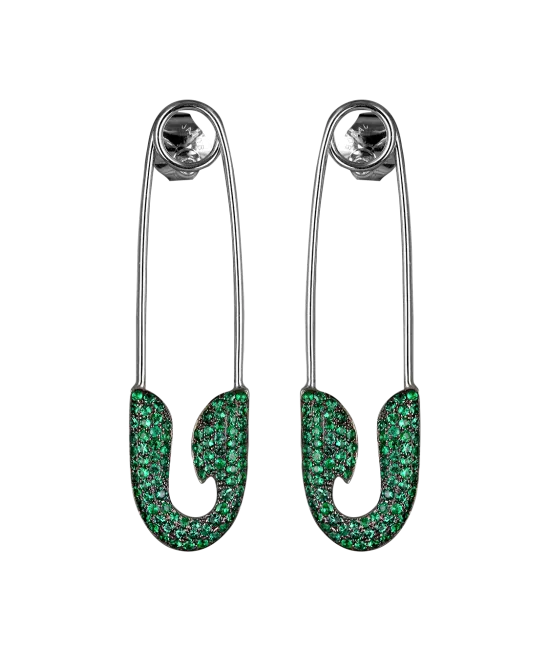 White Gold Emerald Safety Pin Earrings