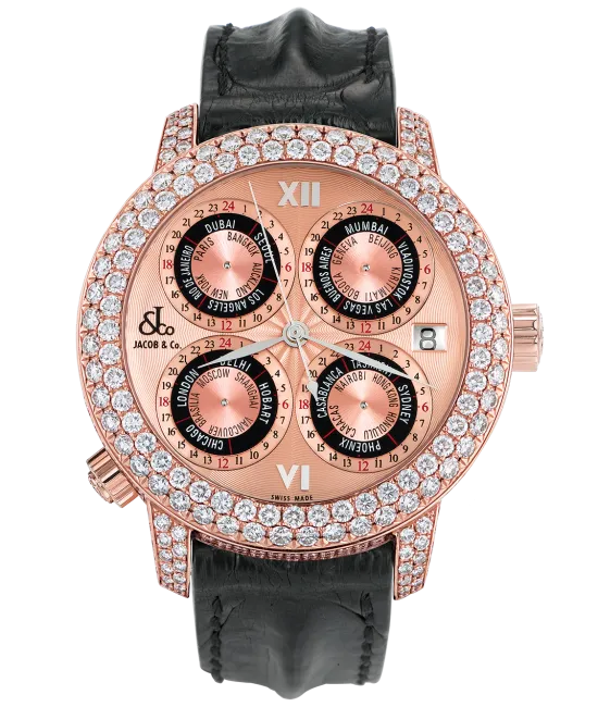 GMT Five Time Zone Automatic Rose Gold with Diamonds Jacob Co