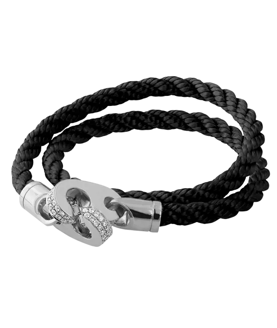 Perfect Fit Bracelet Double Strap White Gold with White Diamonds on Braided Black Rope