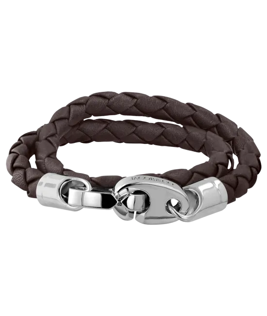 Perfect Fit Bracelet Double Strap White Gold with Braided Dark Brown Leather