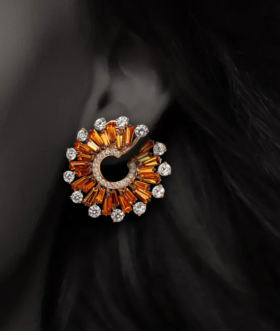 Orange Sapphires and Round Cut Diamonds Earrings