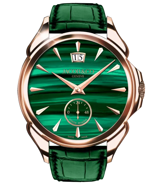 Palatial Classic Manual Big Date Rose Gold Malachite Jacob Co