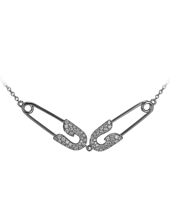 Small White Gold Diamond Double Safety Pin Necklace