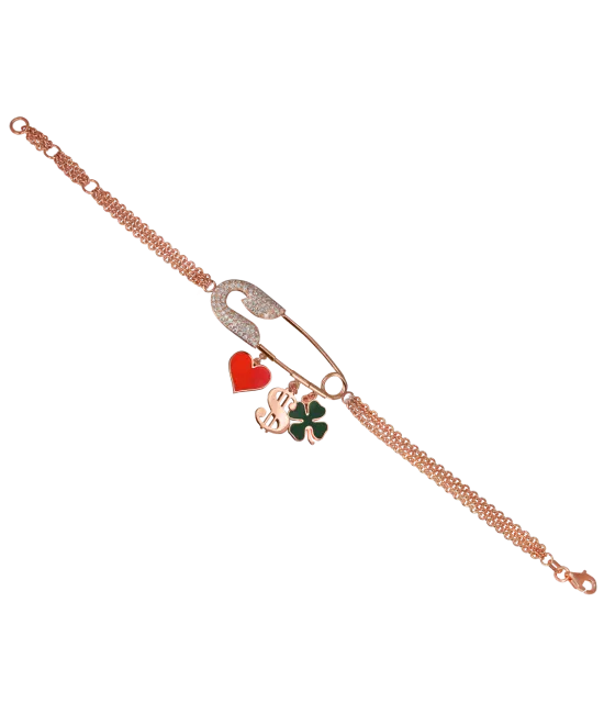 Rose Gold Diamond Safety Pin Charm Bracelet