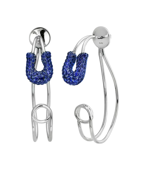 White Gold Sapphire Open Safety Pin Earrings