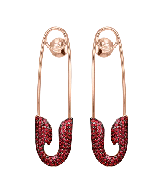 Rose Gold Ruby Safety Pin Earrings