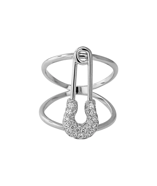 White Gold Diamond Safety Pin Ring