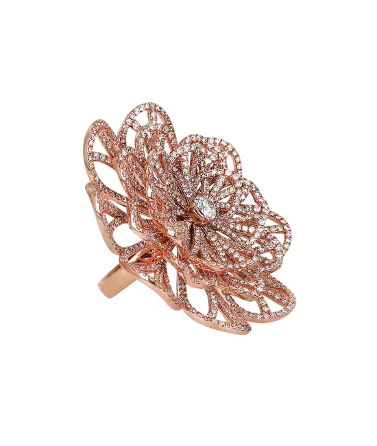 Full Pave Flower Rose Gold Cocktail Ring