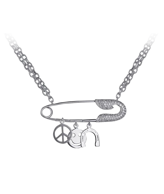 Large White Gold Safety Pin Necklace with Charms