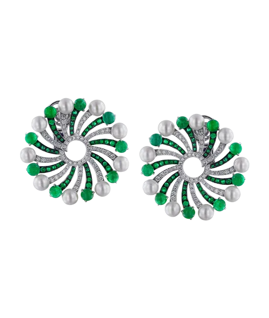Infinia Pearl Cabochon Emeralds Earrings