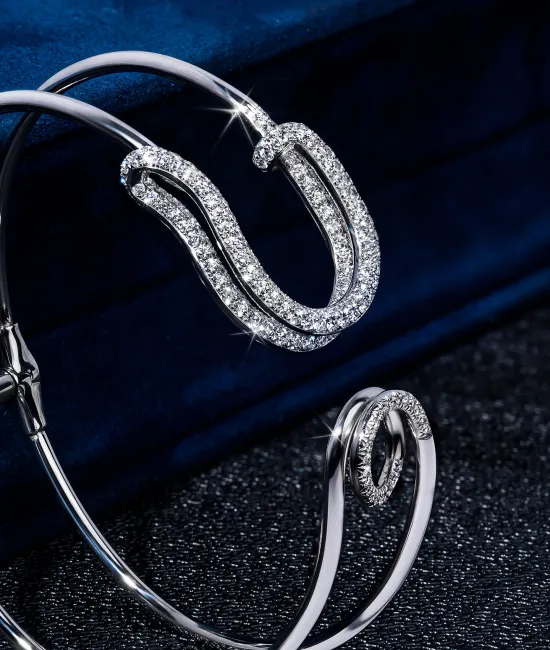 White Gold Diamond Double Head and Loop Safety Pin Cuff
