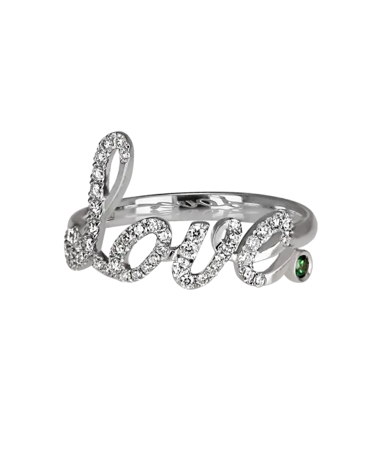 White Gold Pave Love Ring Green Topaz