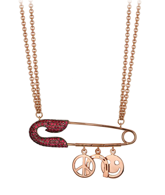 Large Rose Gold Ruby Safety Pin Necklace with Charms