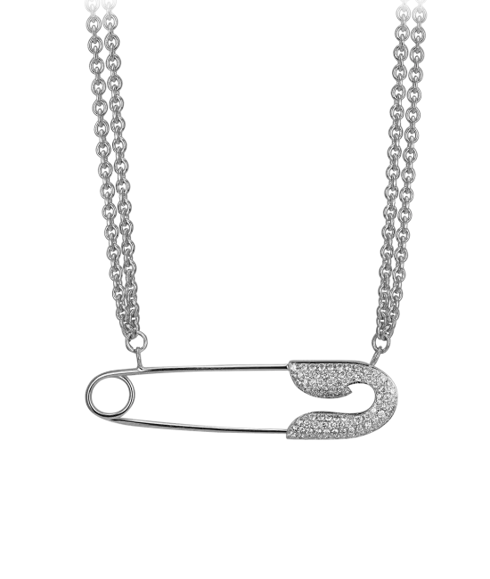 Large White Gold Diamond Single Safety Pin Necklace