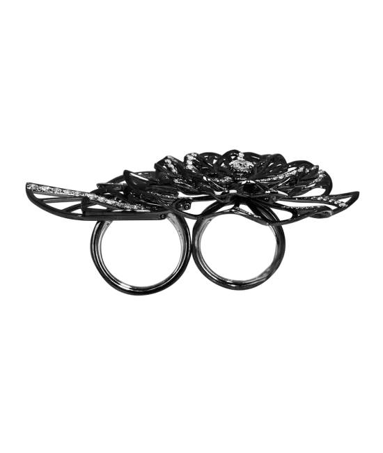 Half Pave  Black Plated Flower Cocktail Ring