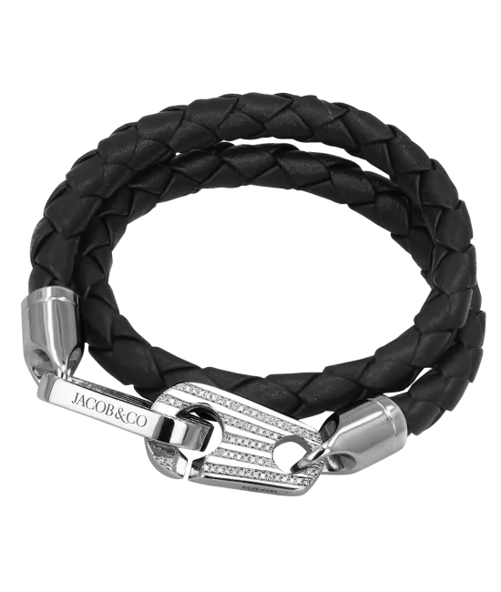 Perfect Fit Bracelet Double Strap White Gold with White Diamonds on Braided Black Leather